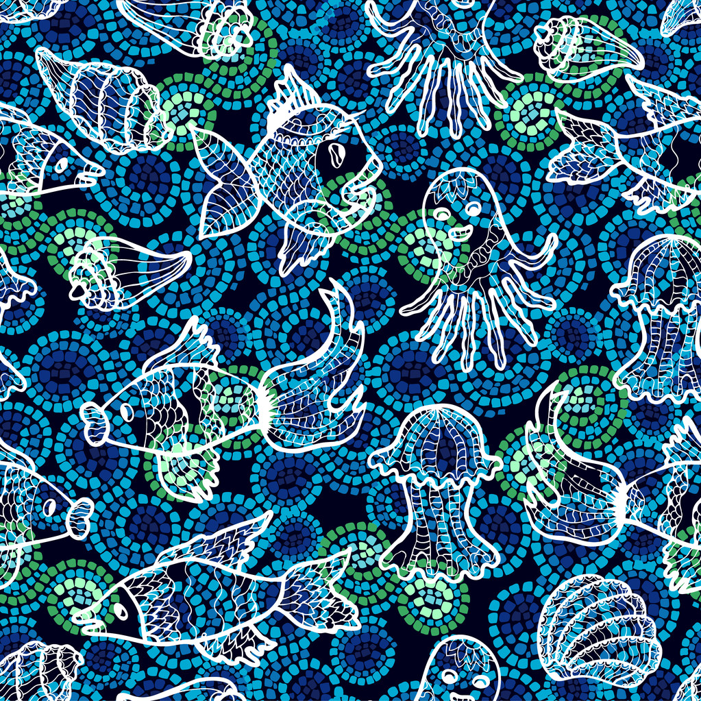海上生活。无缝矢量模式用一只手在暗蓝色马赛克背景上绘制鱼、 章鱼、 水母 ans 贝壳. 图片