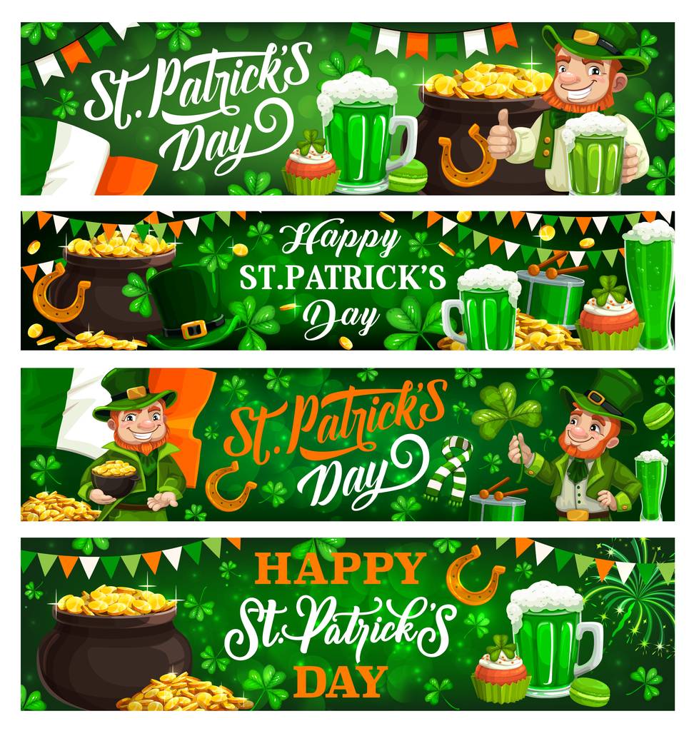 Patricks Day banners of leprechauns, gold, clovers图片