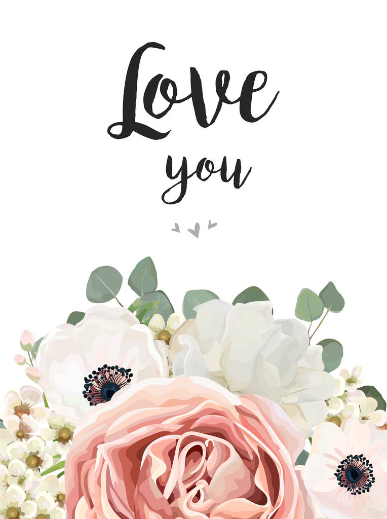 矢量花卉设计卡。白玫瑰花粉红色的海葵, 蜡桉树枝, 叶绿色植物混合。问候, 婚礼邀请模板。框角边框与 