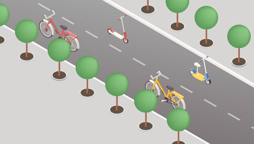 生态友好交通等量矢量图解. 在空荡荡的街道上没有司机的自行车和摩托车。 无害环境的车辆、替代运输概念、城市旅行手段图片