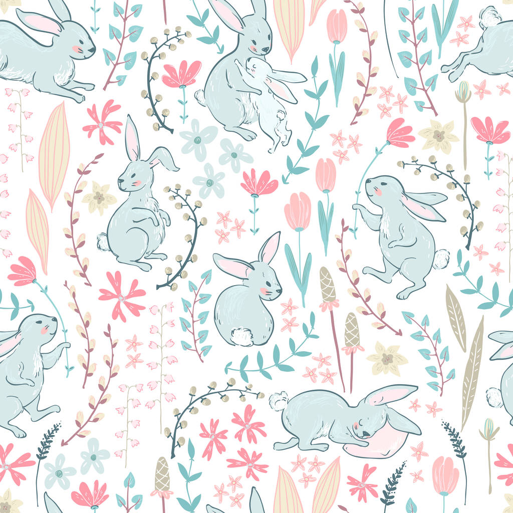 复活节无缝模式与卡通可爱的兔子和花与树枝在柔和的颜色, 矢量, 插图图片