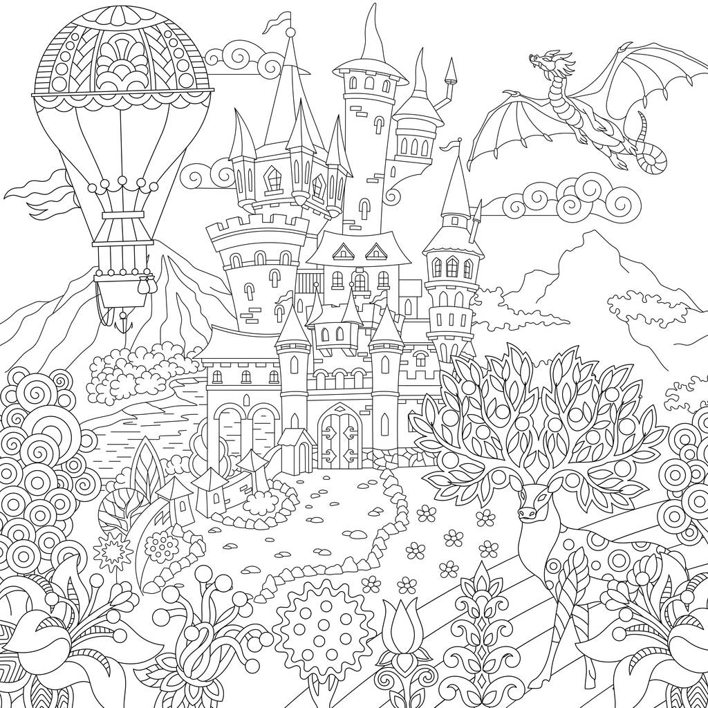 童话图片。童话风光与复古城堡, 龙, 魔术鹿, 热气球。着色页。成人着色书的想法。抗应力手绘素描画.图片