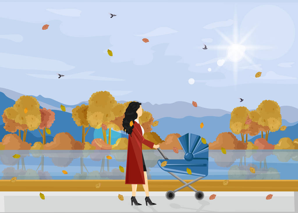 女人带着孩子在公园里秋步走矢量。秋季育儿活动生活方式海报图片