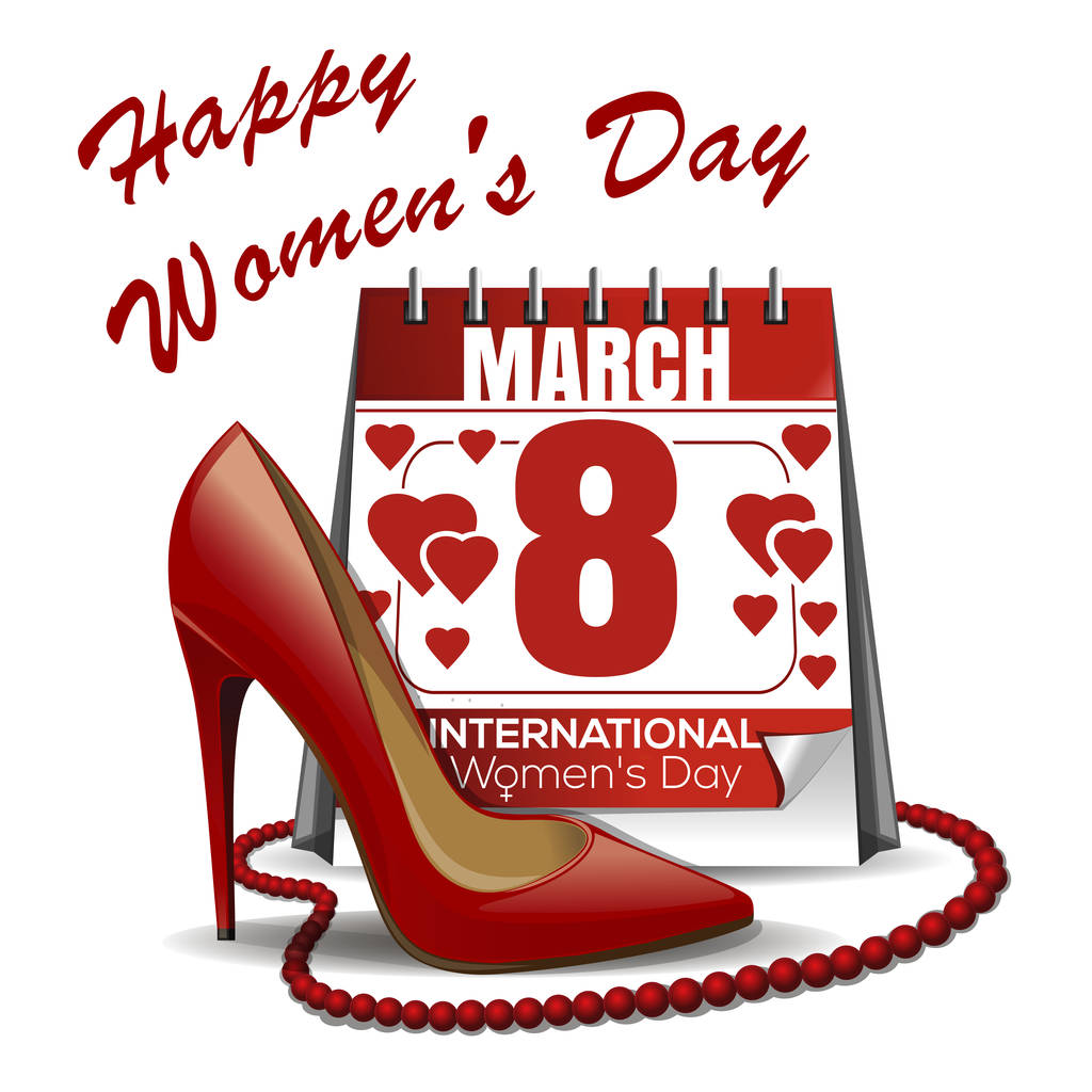 日历日期为 3 月 8 日，妇女的鞋子，红珠。妇女节设计图片