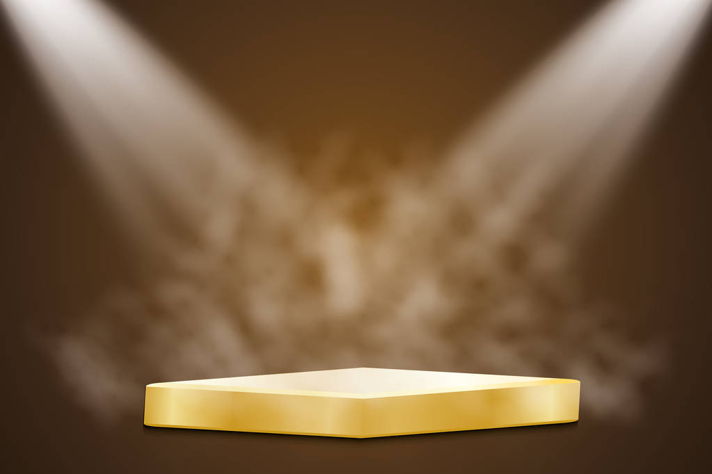 金色的领奖台, 聚光灯在黑暗的背景上, 有雾, 排名第一, 名气和人气。向量例证图片