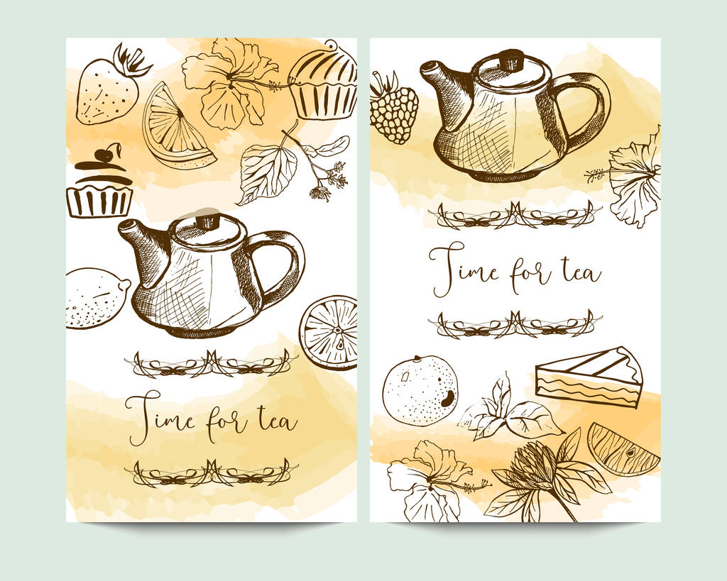 矢量垂直时间为茶叶横幅与手绘茶店元素水彩背景。包装, 茶叶店, 饮料菜单, 顺势疗法和保健产品的设计.图片