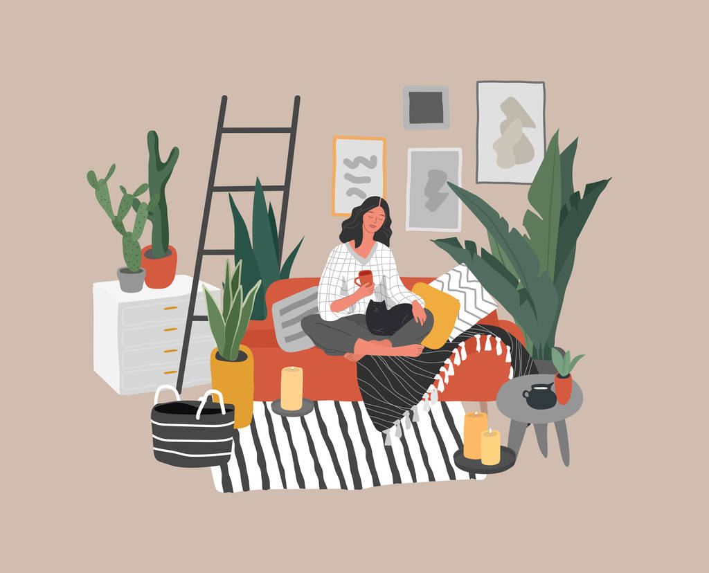 女孩与猫和咖啡坐在沙发上休息。年轻女子在室内舒适舒适的室内与家庭植物的日常生活和日常场景。卡通矢量图片