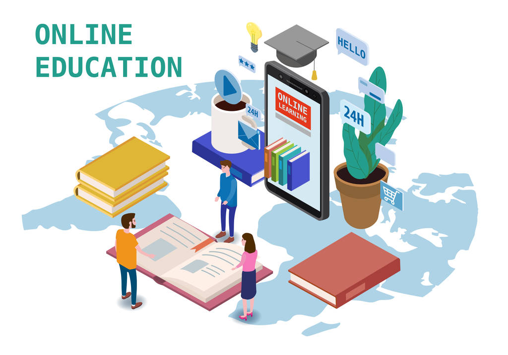 在线教育等轴测图标组成与很少人从智能手机电子图书馆在线全球教育培训课程,大学学习和数字图书馆的书籍图片