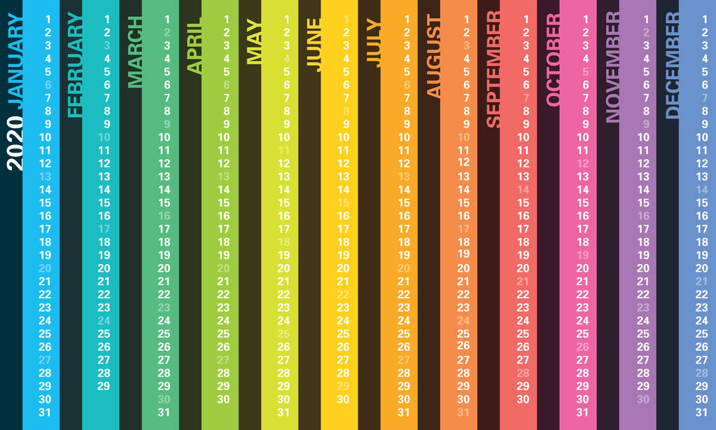 创意挂历2020与垂直条纹彩虹设计，周日选择，英语语言. 图片