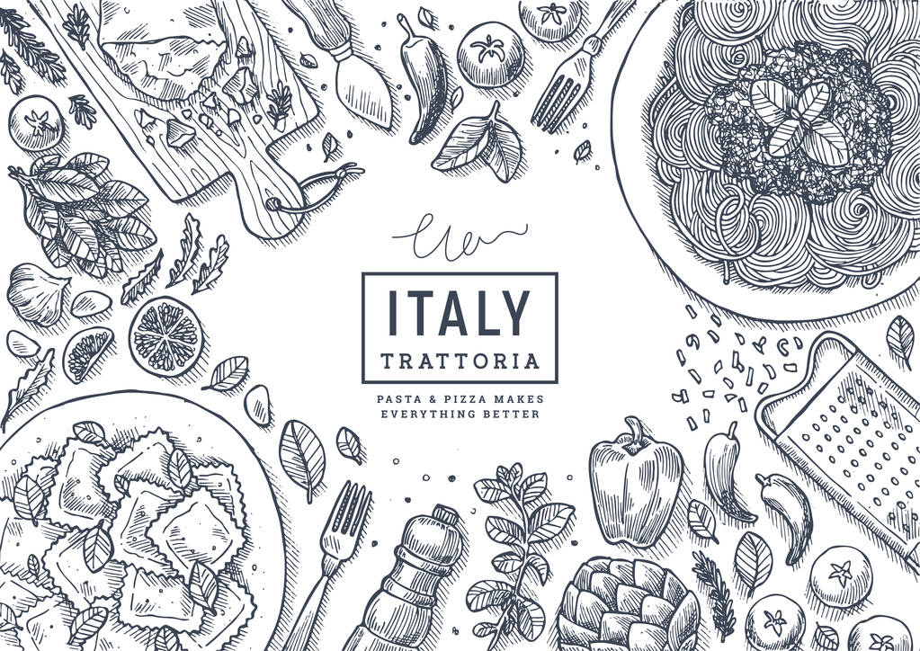 意大利食品顶视图插图。斯帕佩蒂和拉维奥利表背景。雕刻风格插图。英雄形象。矢量插图图片