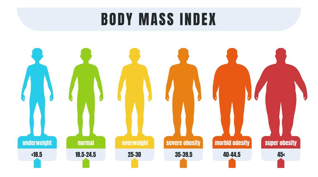 男人BMI 。正常体重和肥胖男性的身体质量指数信息图。又肥又瘦的轮廓。用于医疗诊断的图表。病媒体重不足或肥胖诊断图片
