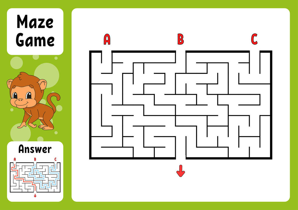 矩形迷宫。给孩子玩的游戏三个入口，一个出口。给孩子们的谜语迷宫之谜。迷宫之谜。彩色矢量图解。找到正确的道路。带着答案卡通角色。教育工作单.图片