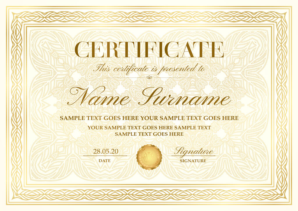Gold elegant certificate with golden border (frame), curve pattern with fine line ornament on background. Vector template for invite, diploma图片