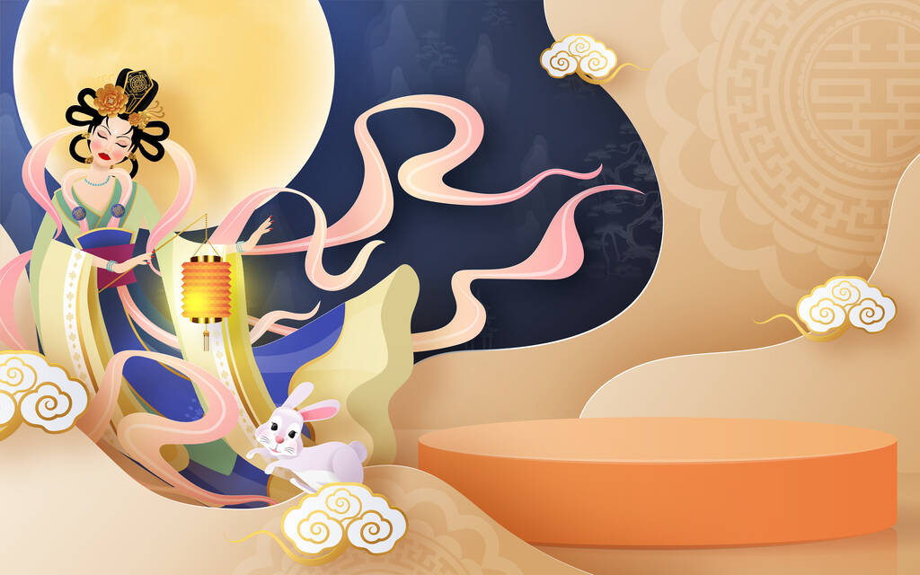 在中秋节或农历新年期间，以造纸艺术、花卉、月亮、兔子、亚洲元素为代表，以工艺风格为背景的中国节日矢量设计.图片