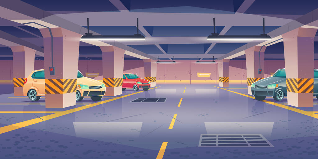 地下停车场，有车辆和空位的车库。建筑地下室的运输区域用柱子和箭头指示出口，基础设施。卡通矢量图解图片