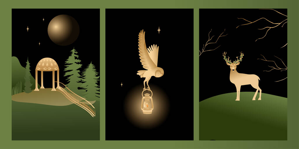 病媒设定的神秘和精灵的主题，包括精灵的房子，鹿，猫头鹰的插图。带有渐变装饰用的黑色、绿色和金色图片