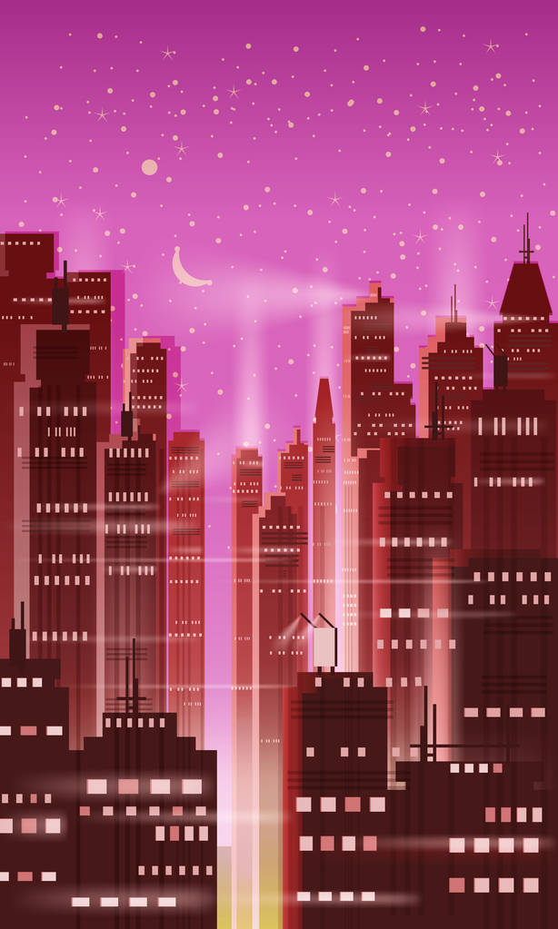 夜城市, 城市场面, 摩天大楼, 塔, 星空, 灯光, 地平线, 透视, 背景, 矢量, 孤立图片