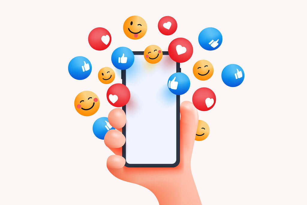 Modern 3D cartoon hand holding smartphone with Likes, hearts and smile notification icons on white background. Social media and marketing concept. Vector 3D illustration图片