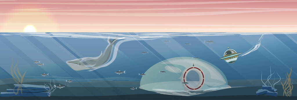 在北海海底的UFO的水下着陆点基地。玻璃穹顶，飞碟，鲸鱼，鱼和海藻。精彩的例证图片