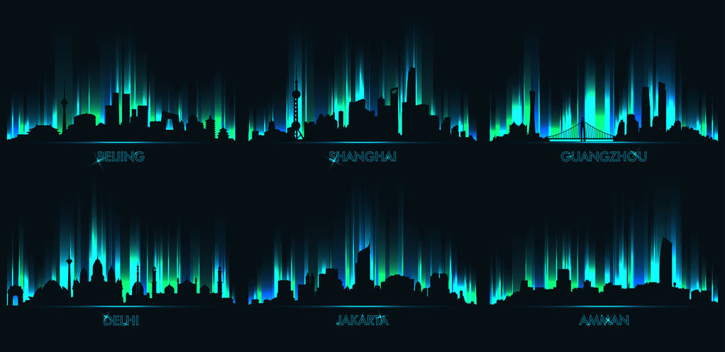 霓虹灯城市天际线，北京、 上海、 广州、 德里、 雅加达、 安曼图片