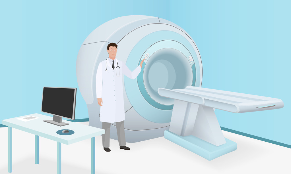 医生邀请病人对MRi机进行身体脑部扫描。在手术室进行 Mri 扫描和诊断过程。现实向量.图片