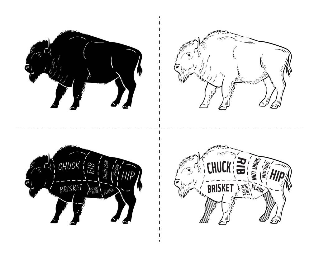 削减野牛设置。海报屠夫图-野牛。老式印刷手工绘制.图片