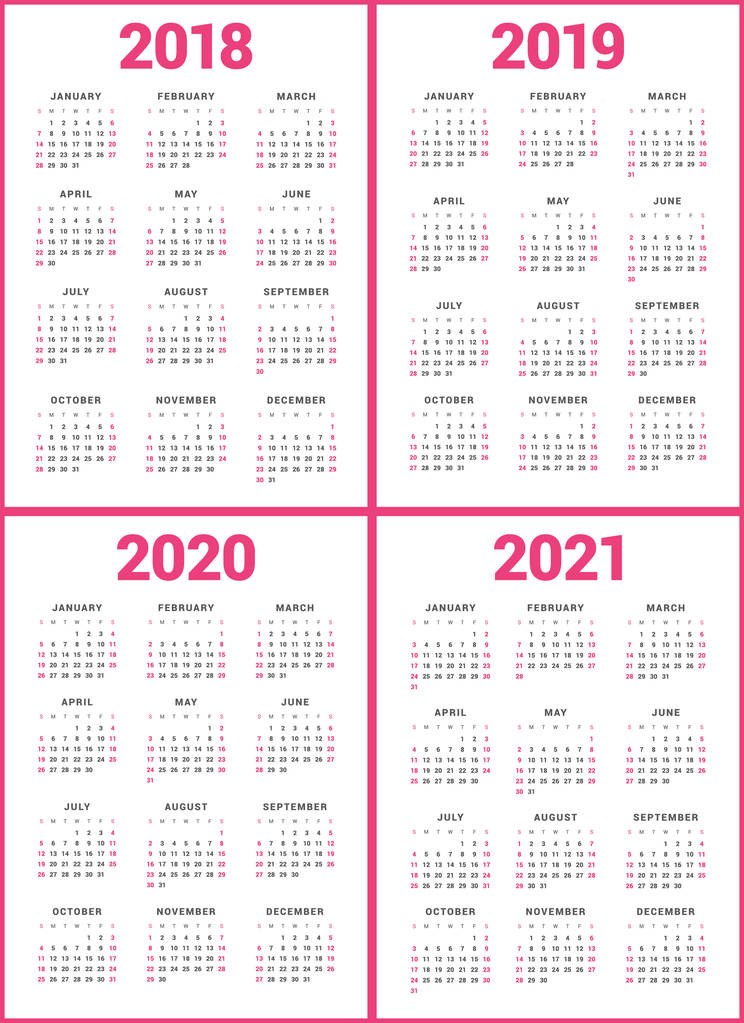 组的日历为 2018 年，2019 年，到 2020 年，2021 年。周从星期日开始。简单的矢量模板。信纸设计模板图片
