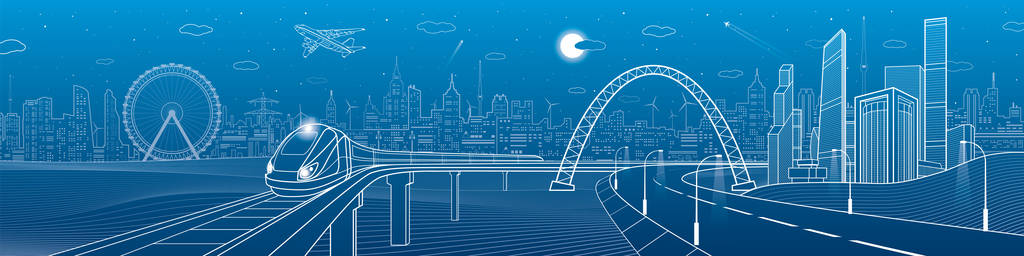 基础设施全景。高速公路桥下。火车。夜晚的霓虹灯城市背景、 商业建筑、 塔和摩天大楼上的天际线，飞机飞，城市场景，矢量设计艺术图片