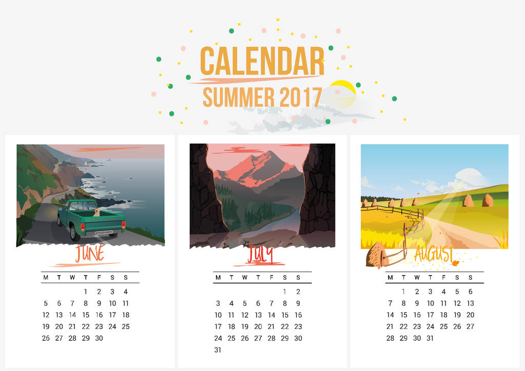 多彩可爱的季节夏天至 2017 年的日历。6 月、 7 月、 8 月。可用于 web、 横幅、 海报、 标签和打印。矢量图片