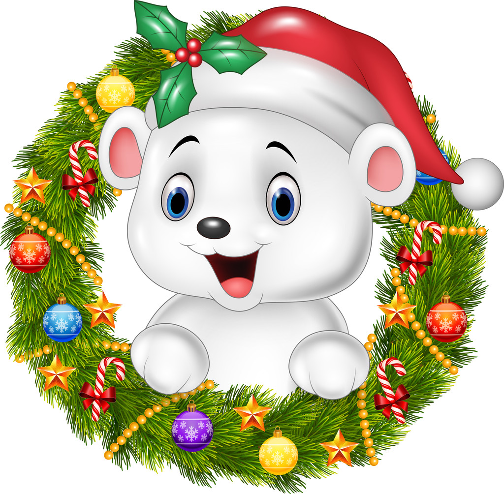 可爱的小宝贝北极熊举行圣诞花环彩带、 球与弓图片