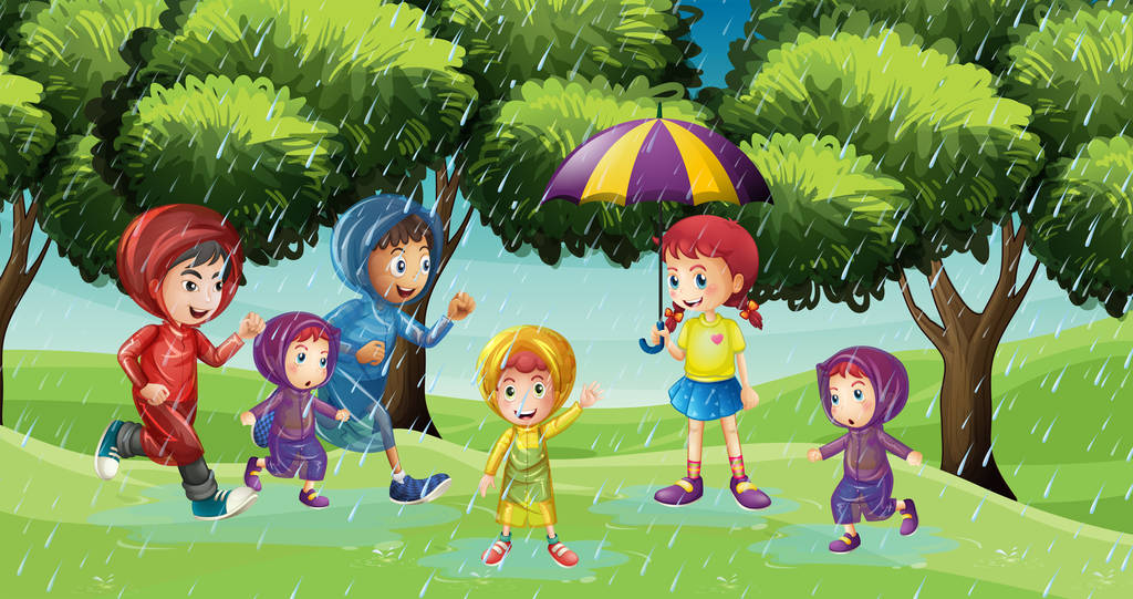 小孩在雨中跑步的公园戏 图片