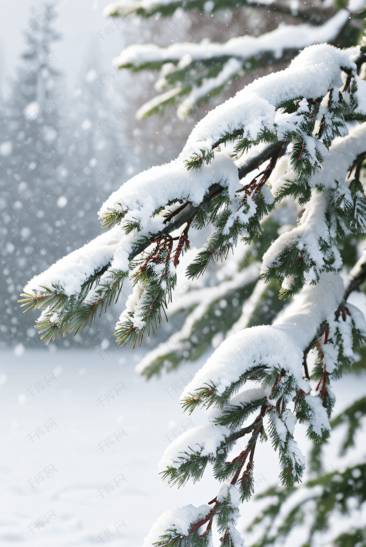 下雪天积雪松树树枝摄影配图8
