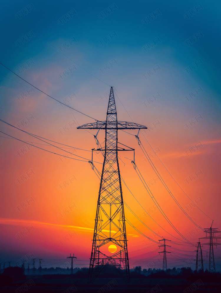 在日落时的电气发射塔 (电塔)