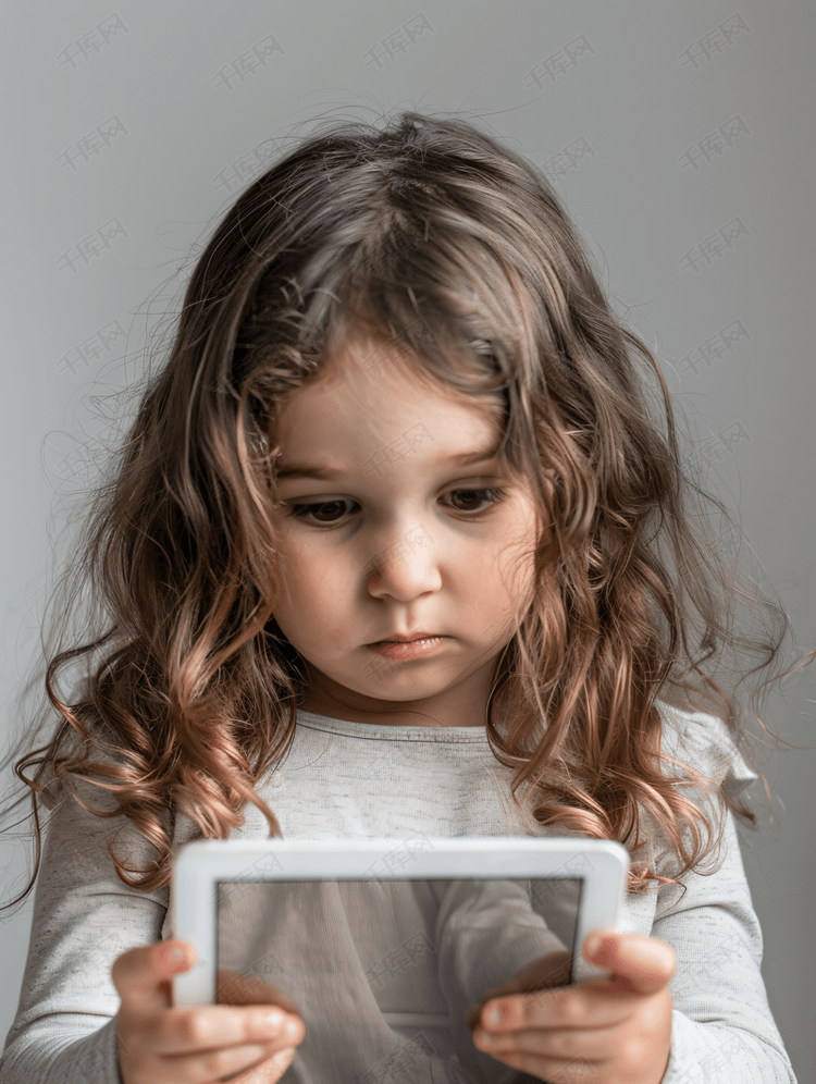 小女孩看平板电脑学习
