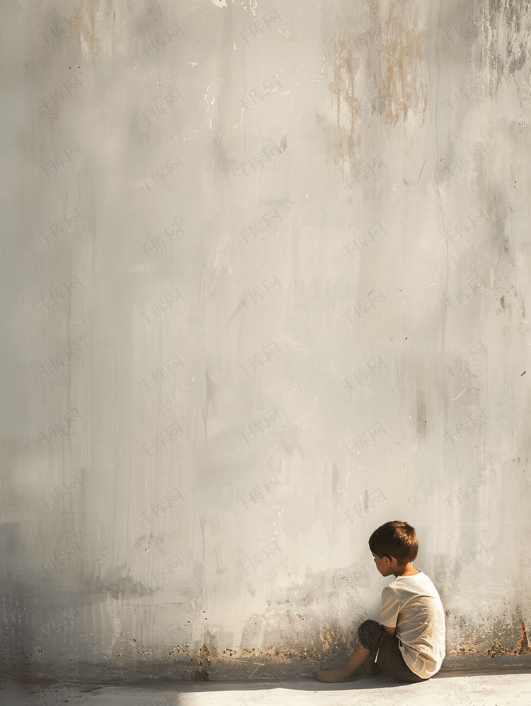 孤独的小男孩遭受欺凌坐在墙角