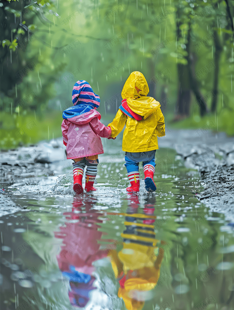 下雨天穿雨鞋的小朋友玩水