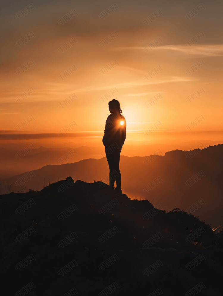 日落时分站在山顶眺望远方的妇女