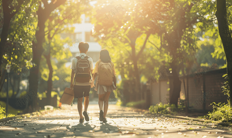 开学季手拉手去上学的同学们