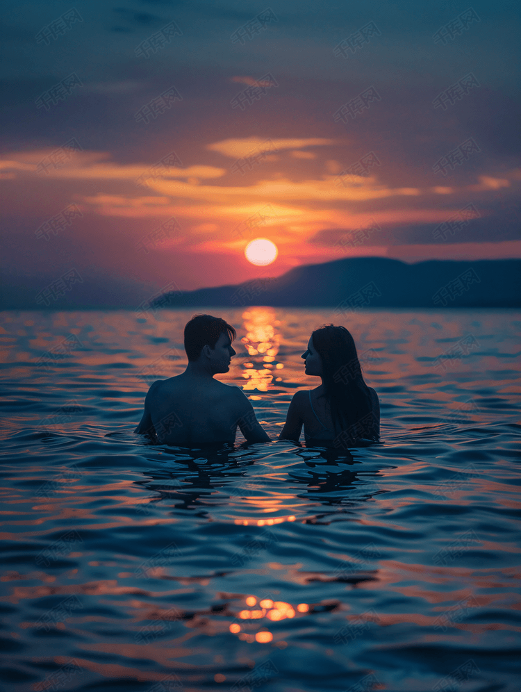 旅行中浪漫情侣在海中看夕阳