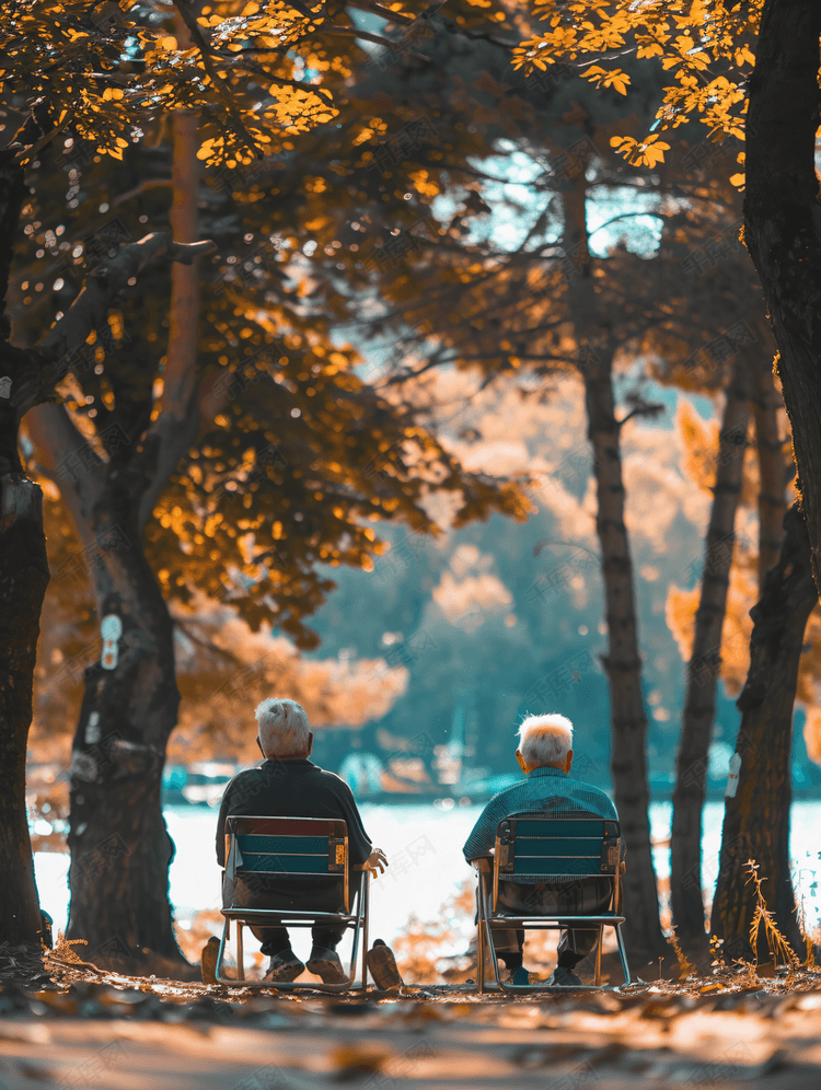 老年夫妇坐公园椅子背影