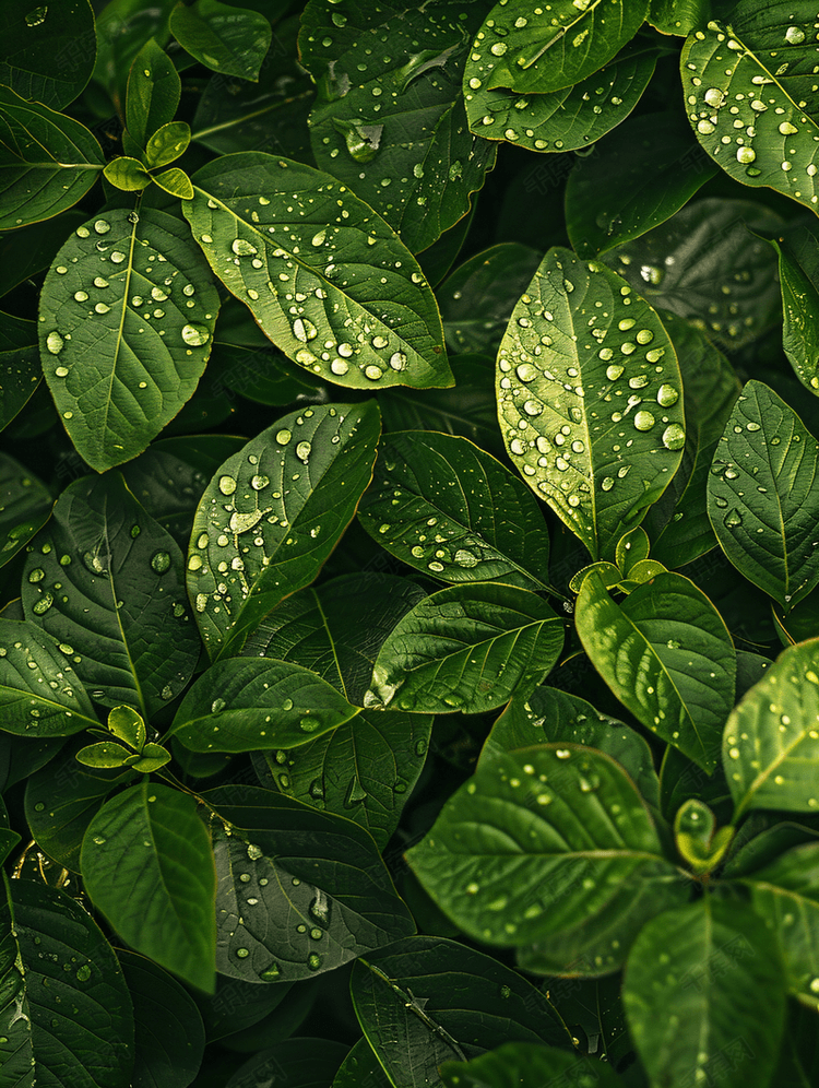 雨后清新树叶水滴纹理特写背景