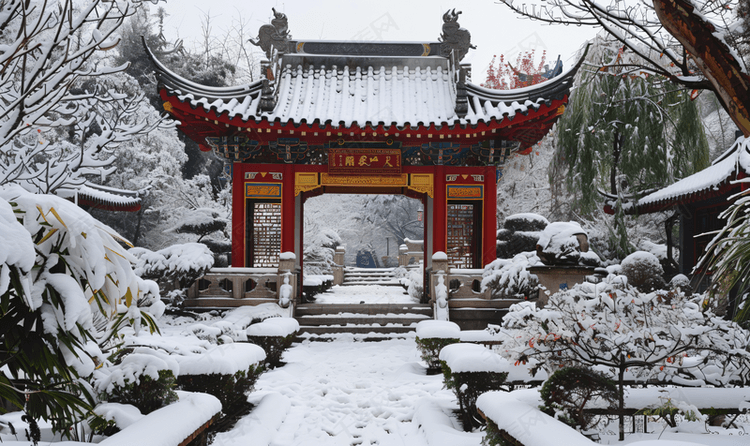 中式古典园林中的雪景