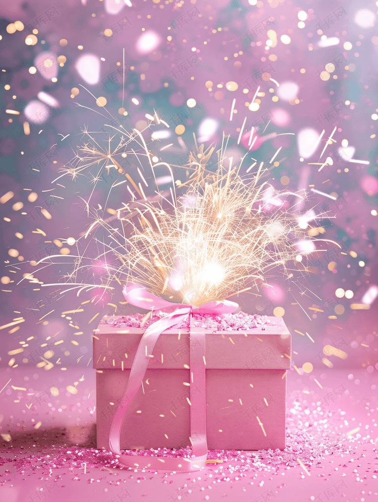 带有礼花的粉色礼物盒摆拍