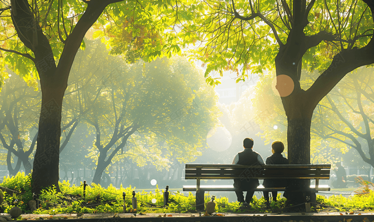 老年夫妇坐在公园长椅欣赏风景