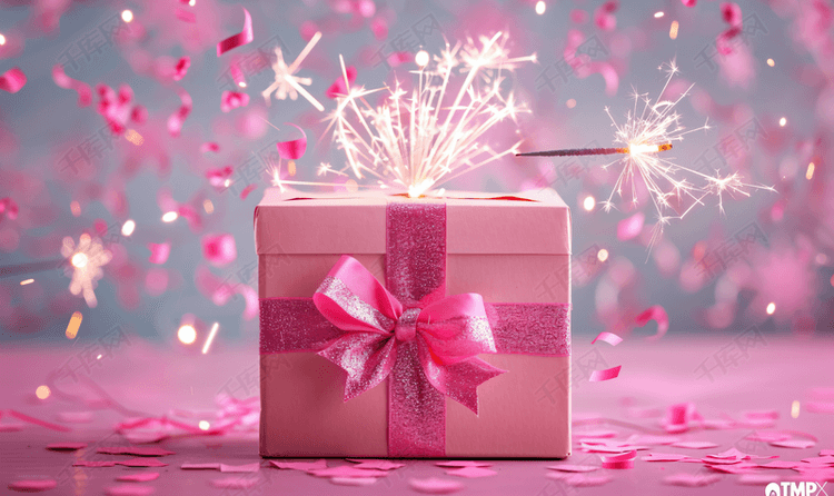 带有礼花的粉色礼物盒摆拍