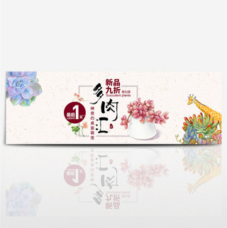 米色手绘风桌面多肉植物淘宝电商天猫海报banner