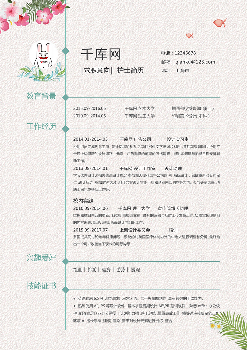小清新水墨风护士求职简历模板word简历模板预览