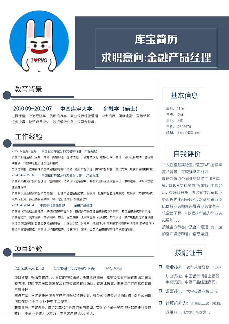 大气商务风金融产品经理岗位word模板word简历模板预览