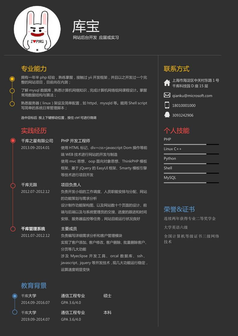 酷黑炫彩应届生实习生网站后台开发求职简历word简历模板预览