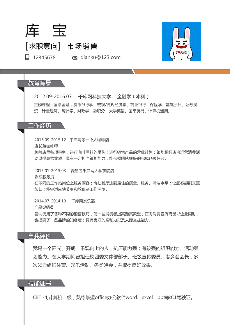 简约灰色风市场销售通用岗位word模板word简历模板预览